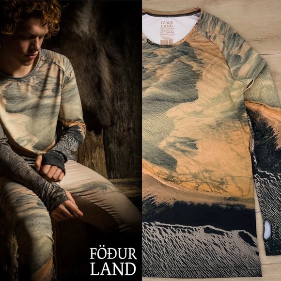 ÁGÚSTA HERA Long Sleeve T-Shirt Iceland Aerial Print in Sand UNISEX S/M Runs Big - Picture 1 of 16